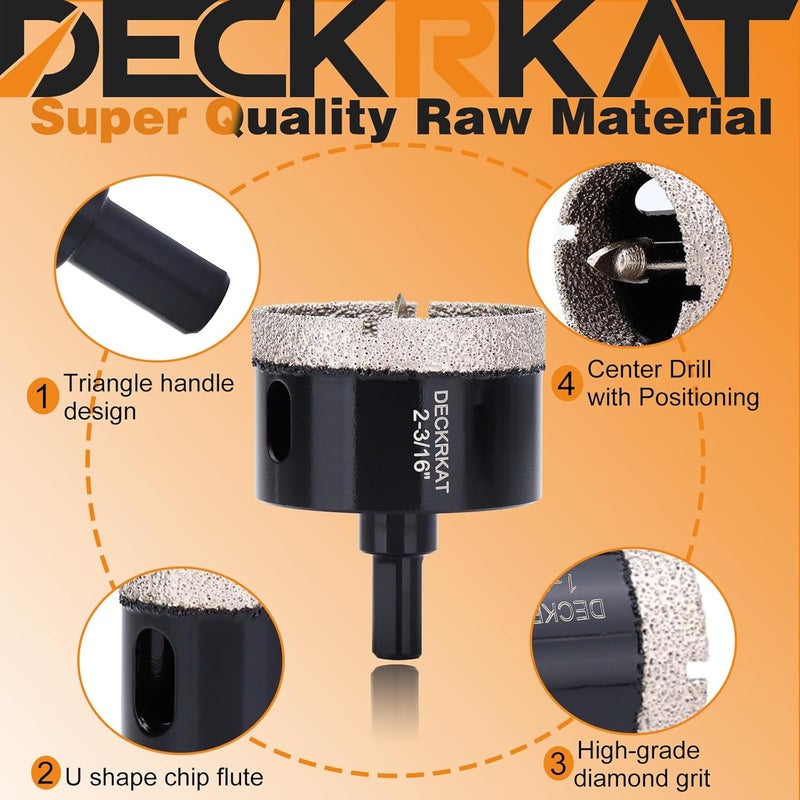 DECKRKAT 2-3/16 Inch Diamond Hole-Saw Bits with Pilot Drill Bit-2pc 2-3/16" Diamond Tipped Tile Hole Saws with Guiding Bit Accurate Drilling for Porcelain Tile Ceramic Pottery Granite Stone Glass Bottles 55mm - Image 4